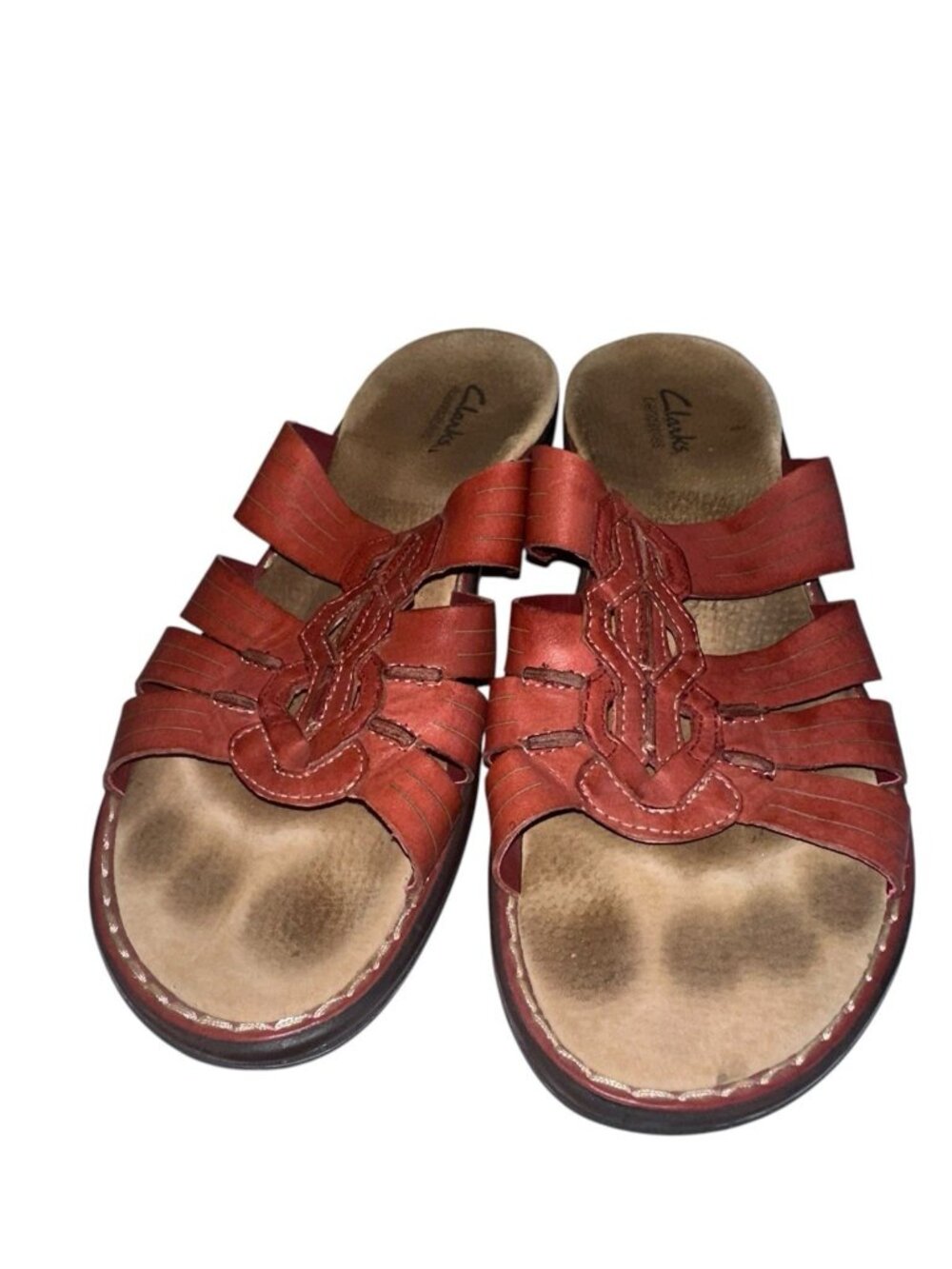 Clark’s Bendables Womens Slide Sandals Sz 9.5 Red Leather Embroidered Boho
